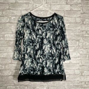 Fairy grunge abstract artsy black semi sheer blouse black mesh trim size XS